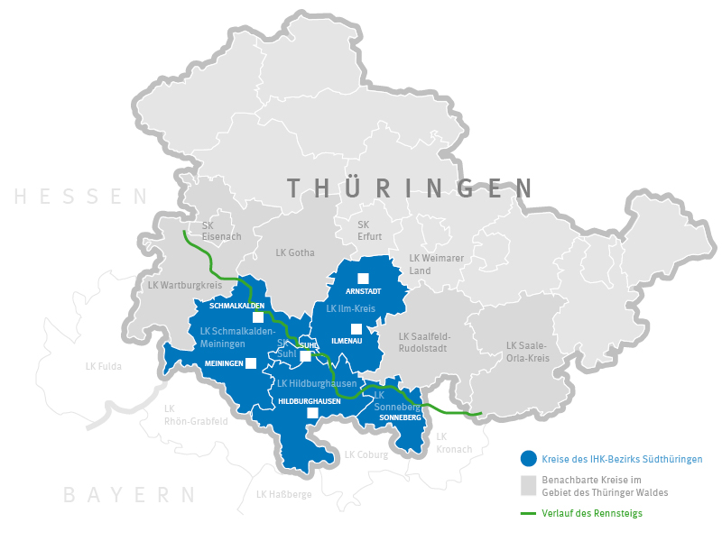 Karte von Thüringen und dem Thüringer Wald mit Kreisen und Städten der Region Südthüringen